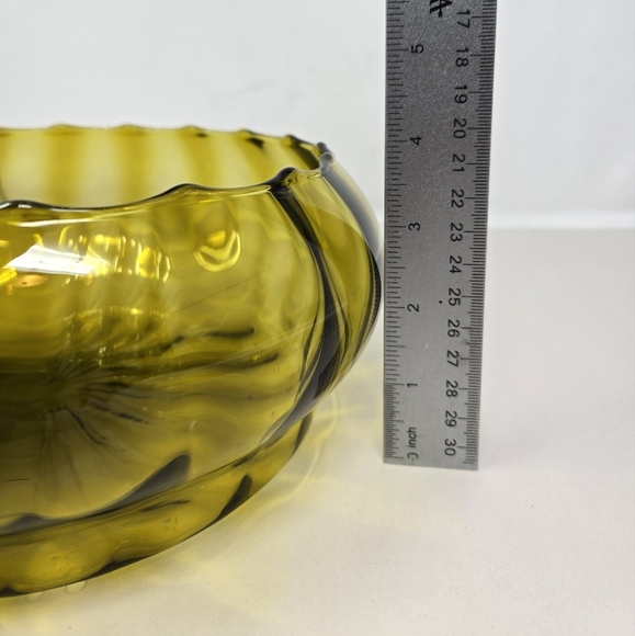 Vintage Empoli Italian Art Glass Green Optic Ribbed Bowl Uniquely Beautiful - Picture 8 of 11